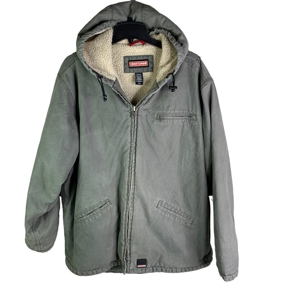 Craftsman Army Green Distressed Sherpa Lined Hooded Coat Pockets Size Large